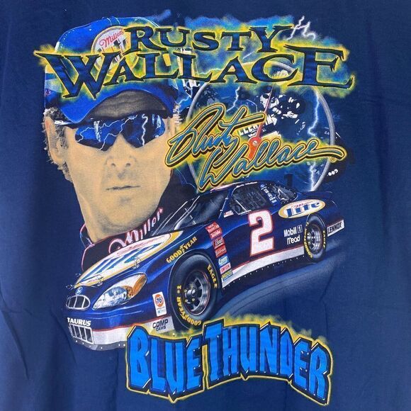 Rusty Wallace #2 Blue Thunder Turn On The Blue Chase Authentics XL Navy T-Shirt - Picture 3 of 8
